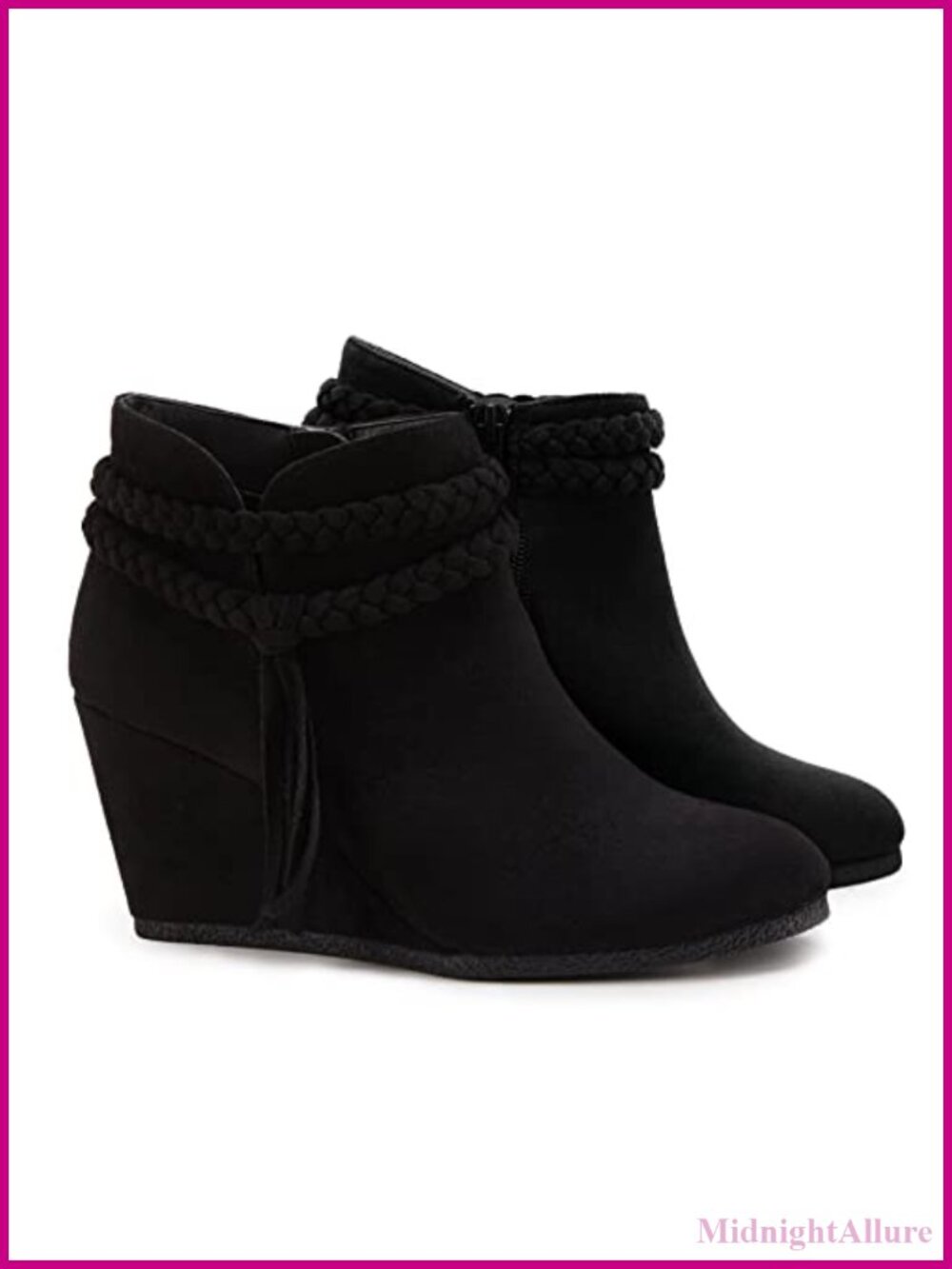 Faux Leather Wedge Ankle Booties Braided Fringe Western Heeled Boots